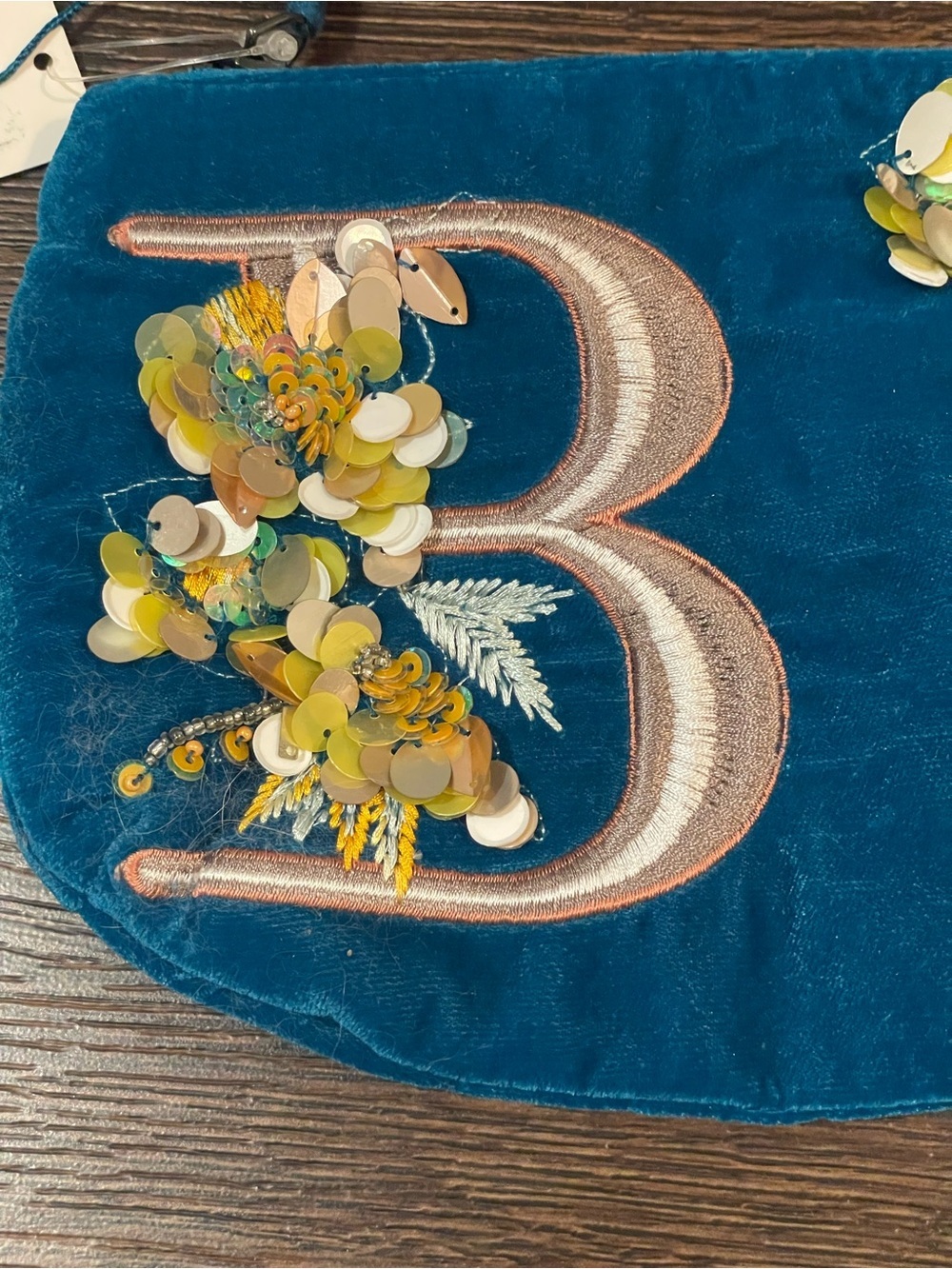Anthropologie Blue Velvet Embroidered Monogram "B" Floral Zippered Pouch OS - Picture 3 of 11